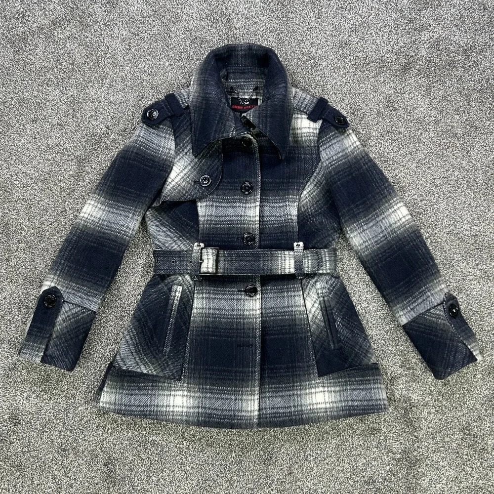 Miss Sixty Wool‎ Blend Plaid Belted Pea Coat Womens Medium Faux Leather Trim